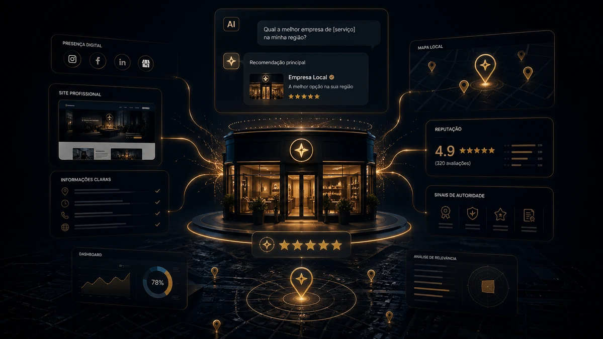 Imagem editorial premium sobre inteligência artificial avaliando sinais de confiança, site profissional, avaliações, portfólio e consistência digital para recomendar uma empresa.
