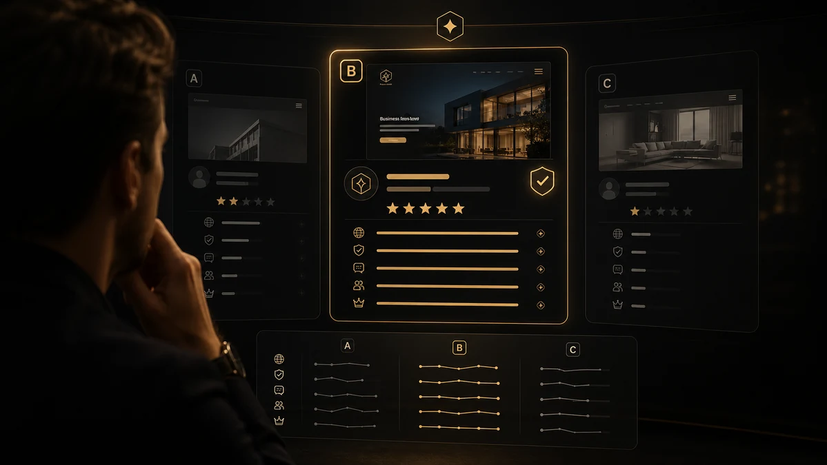 Imagem editorial premium sobre inteligência artificial avaliando várias empresas e recomendando a marca com mais autoridade, reputação e clareza digital.